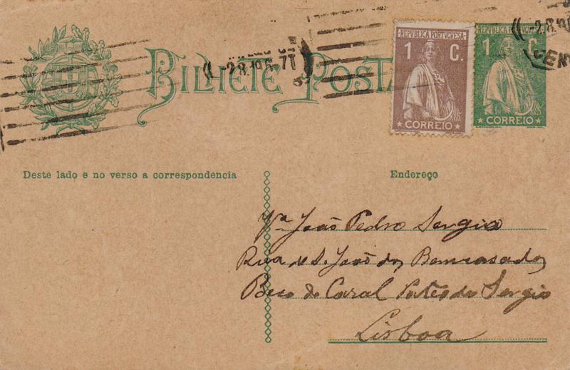 0381 v.jpg -     Lote:    381 (verso)                   Descrição:         1912 &mdash; Ceres. OM56, 1C verde. Circulado com selo adicional tipo Ceres de 1c castanho CE221, em Lisboa (02.08.19). Repicado no verso por JOAQUIM GOMES FILIPPE. LDA.        IC       Valor Base:     &euro; 15,00     Valor Venda:     &euro;      